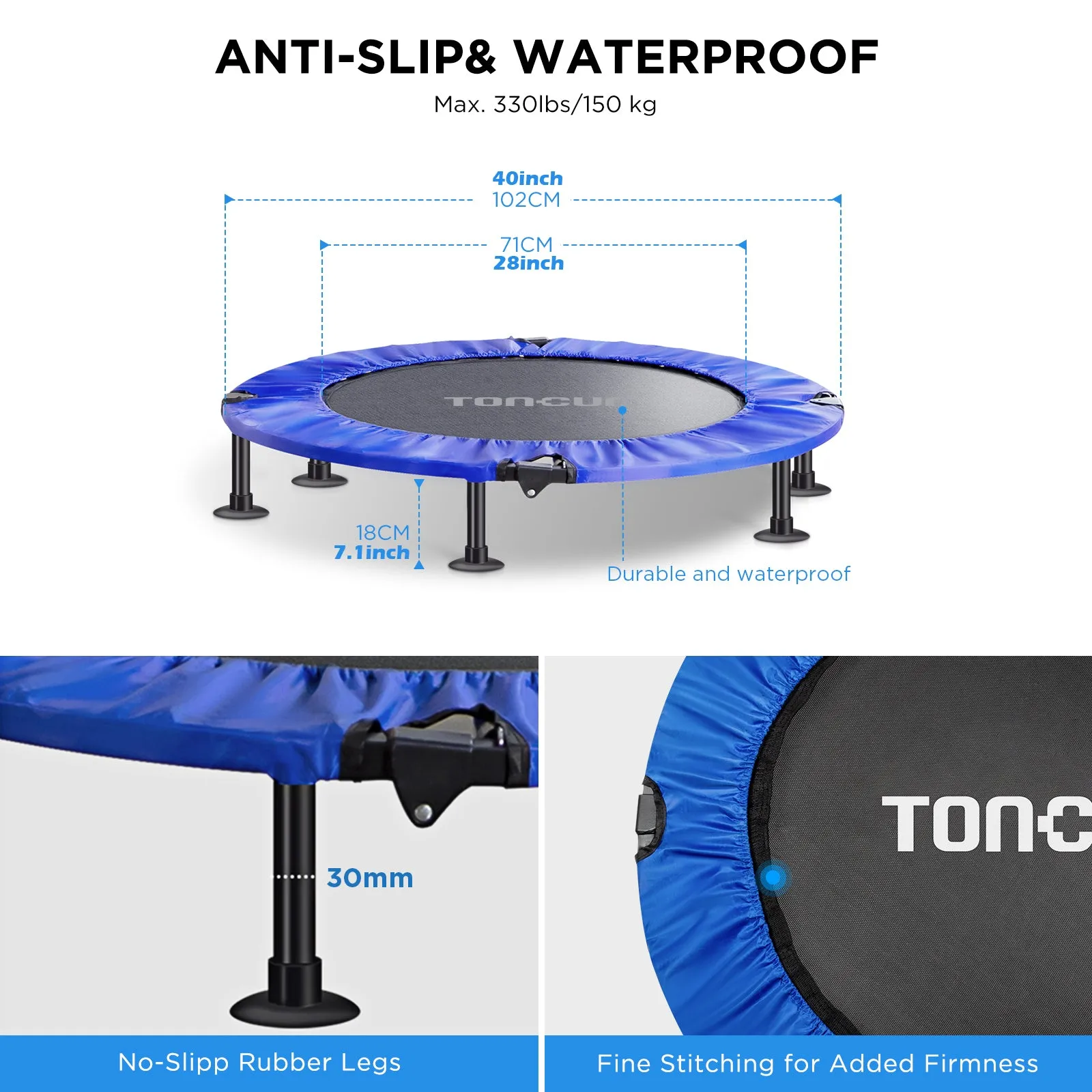 40" Fitness Trampoline Foldable Stable & Quiet, Folding Jump Rebounder 330 lbs