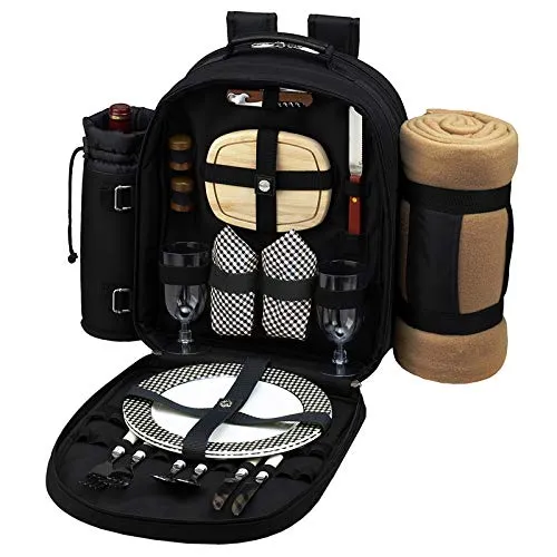 (D) Picnic Backpack Bag for 2, Full Set for Outdoor with Blanket (Black)