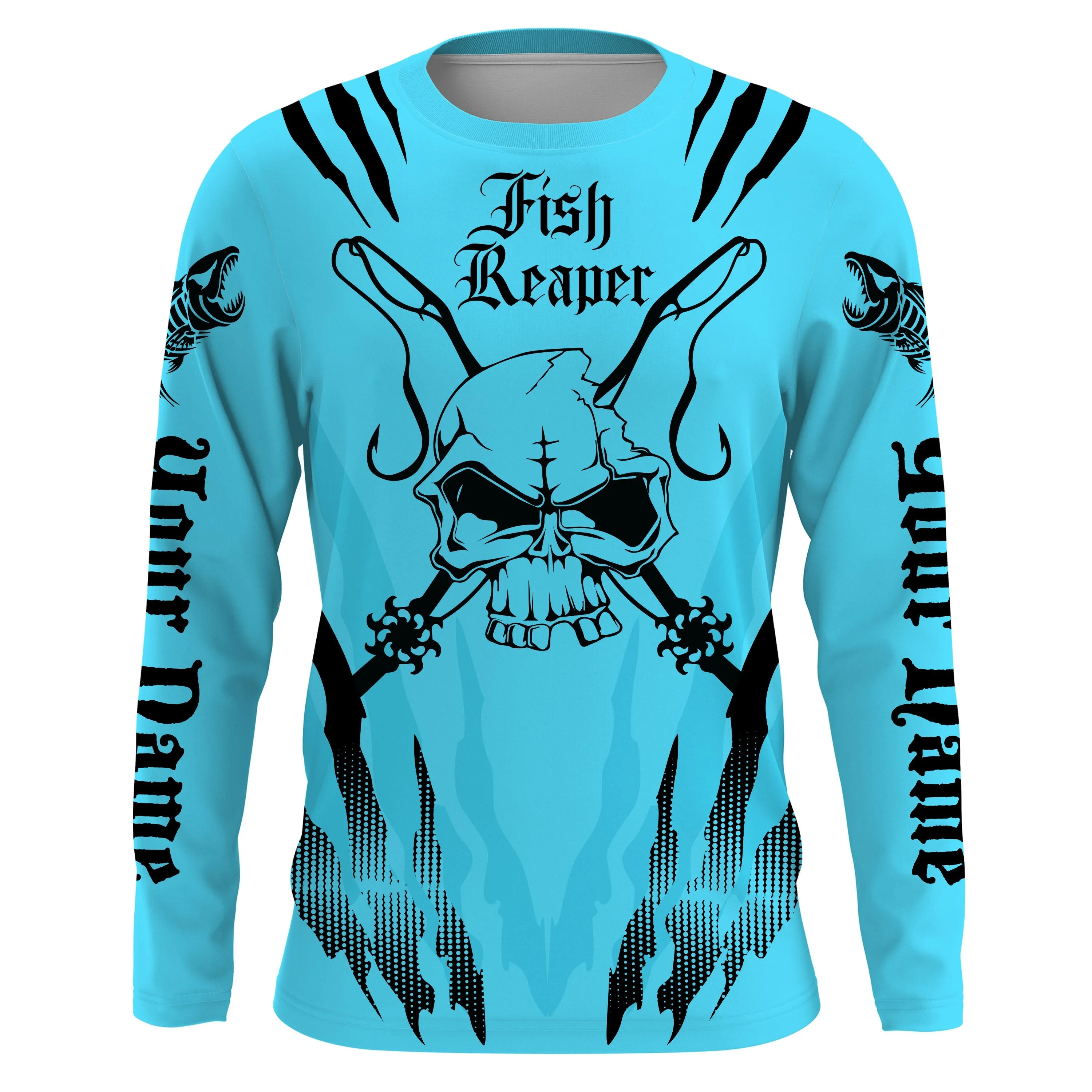 Fish reaper Custom Long Sleeve performance Fishing Shirts, Skull Fishing jerseys | blue IPHW3083