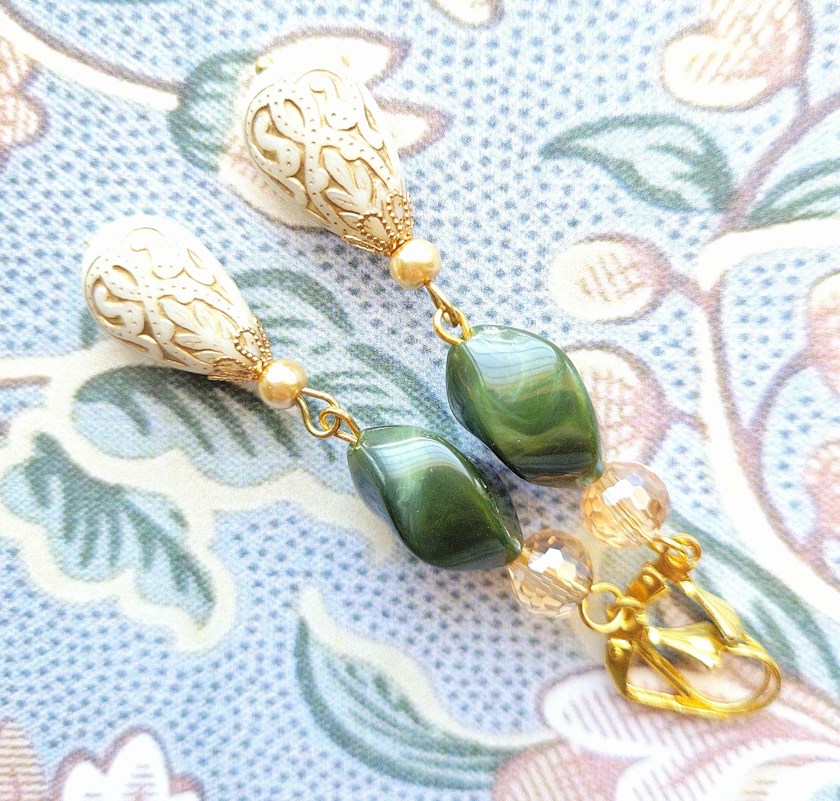 Gold Embossed Teardrop and Crystal Long Boho Dangle Earrings - Ivory and Emerald Green