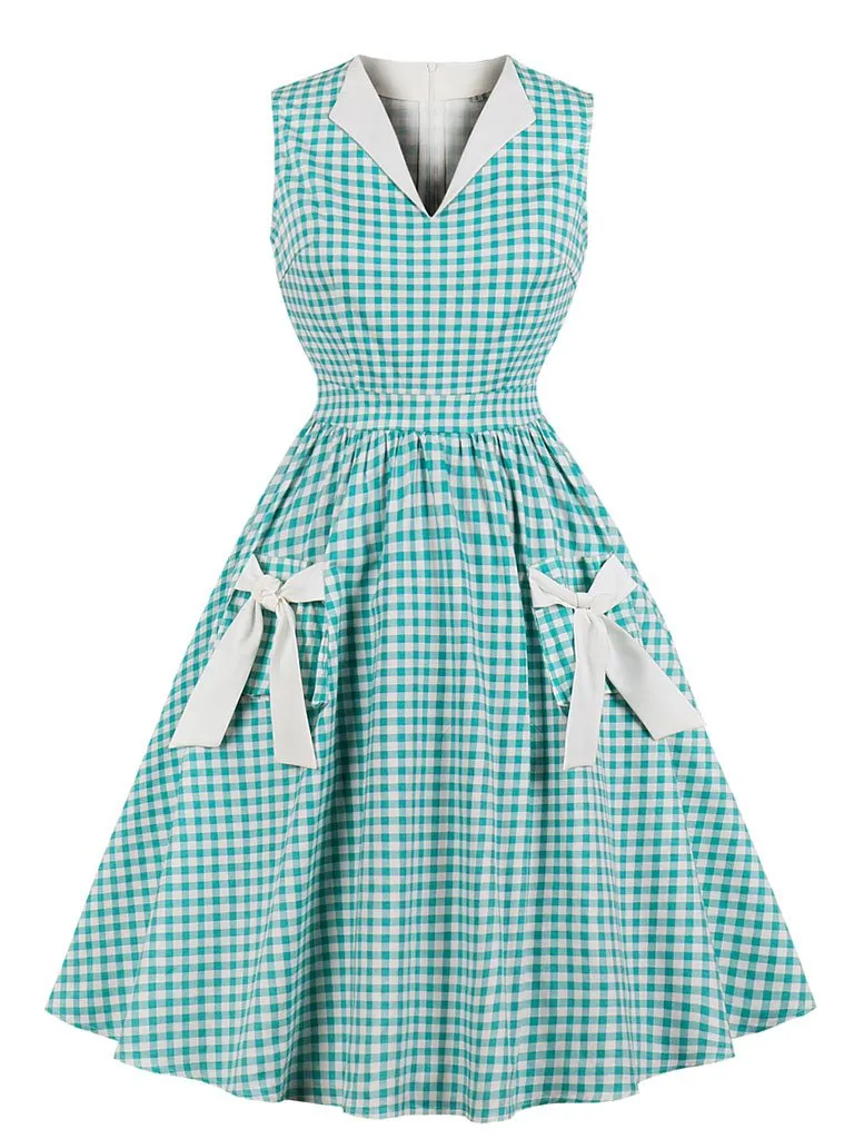 Printed V Neck Green Plaid Vintage Dress