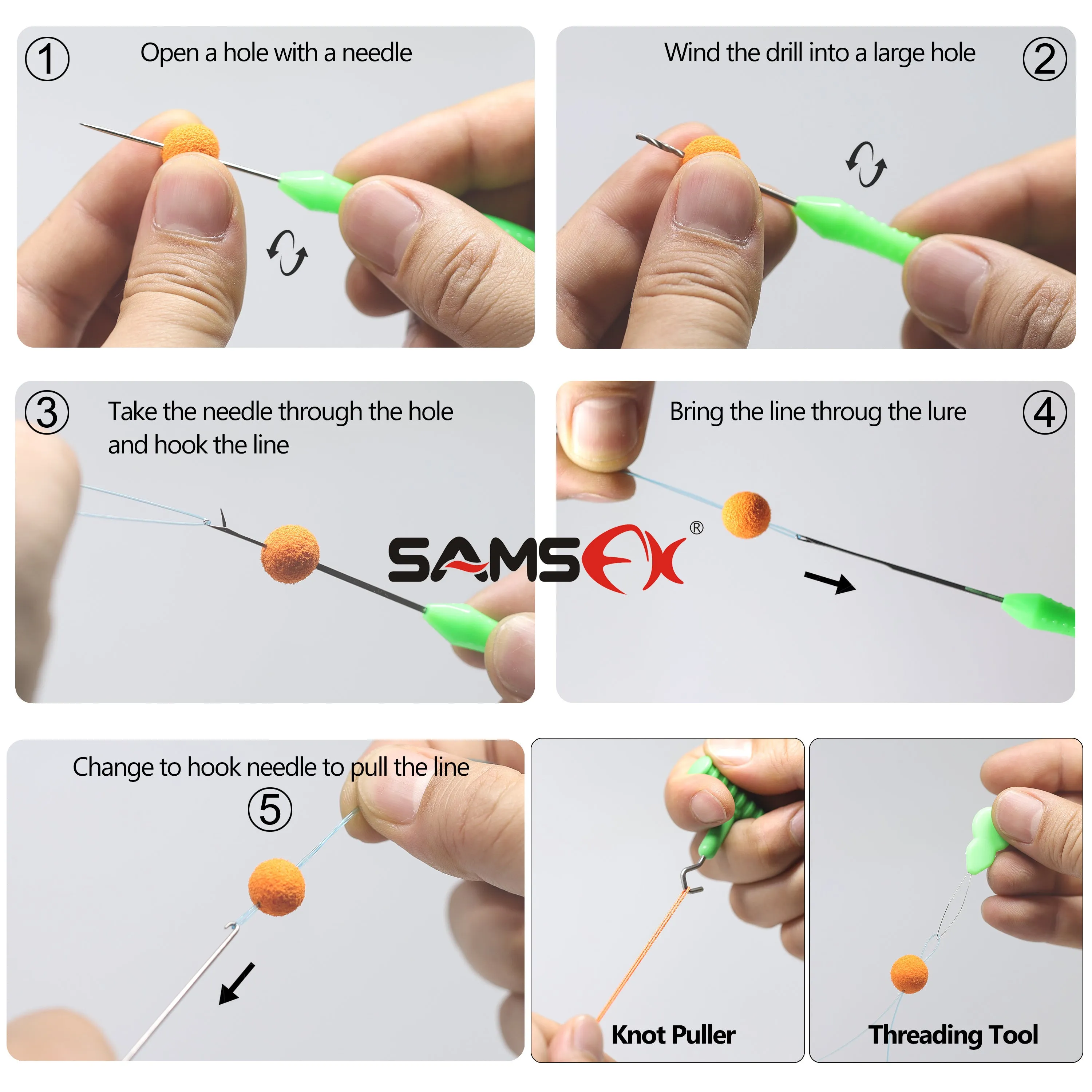 SAMSFX Carp Fishing Baiting Rig Tool Set Bait Needle Drill Puller Stringer and Driller